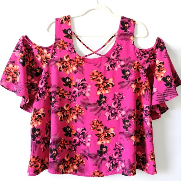 APT.9 Women Pink Cold Shoulder Sleeve Scoop Neck Floral Blouse Top Size XLarge - Picture 5 of 8